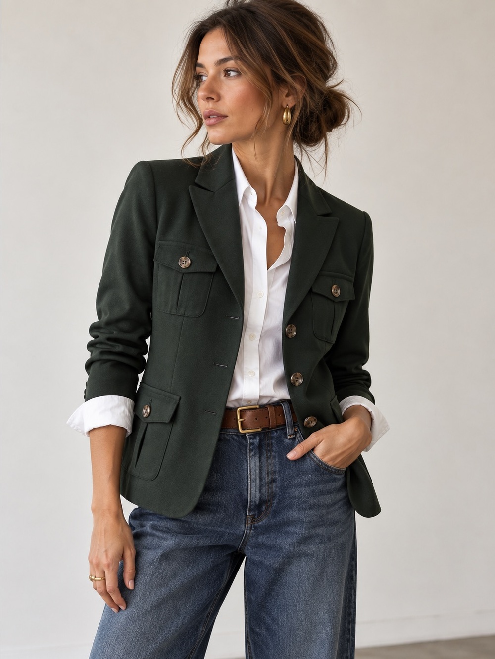 Vintage Jones New York Forest Green Military Utility Blazer Jacket Size 8